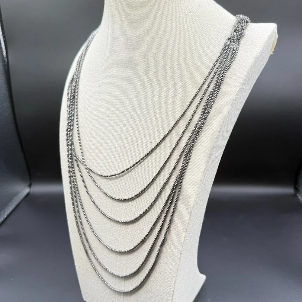 Multi Strand Silver Tone Chain Necklace Layered Draped Knot Statement Jewelry
